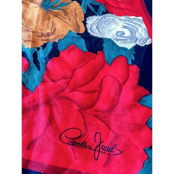 Vintage CORNELIA JAMES SILK Scarf Print Floral Black Red Gold White 30" x 30" - Picture 2 of 7